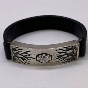 Vintage Harley Davidson Bracelet Sterling Silver Black Leather Chunky Bracelet